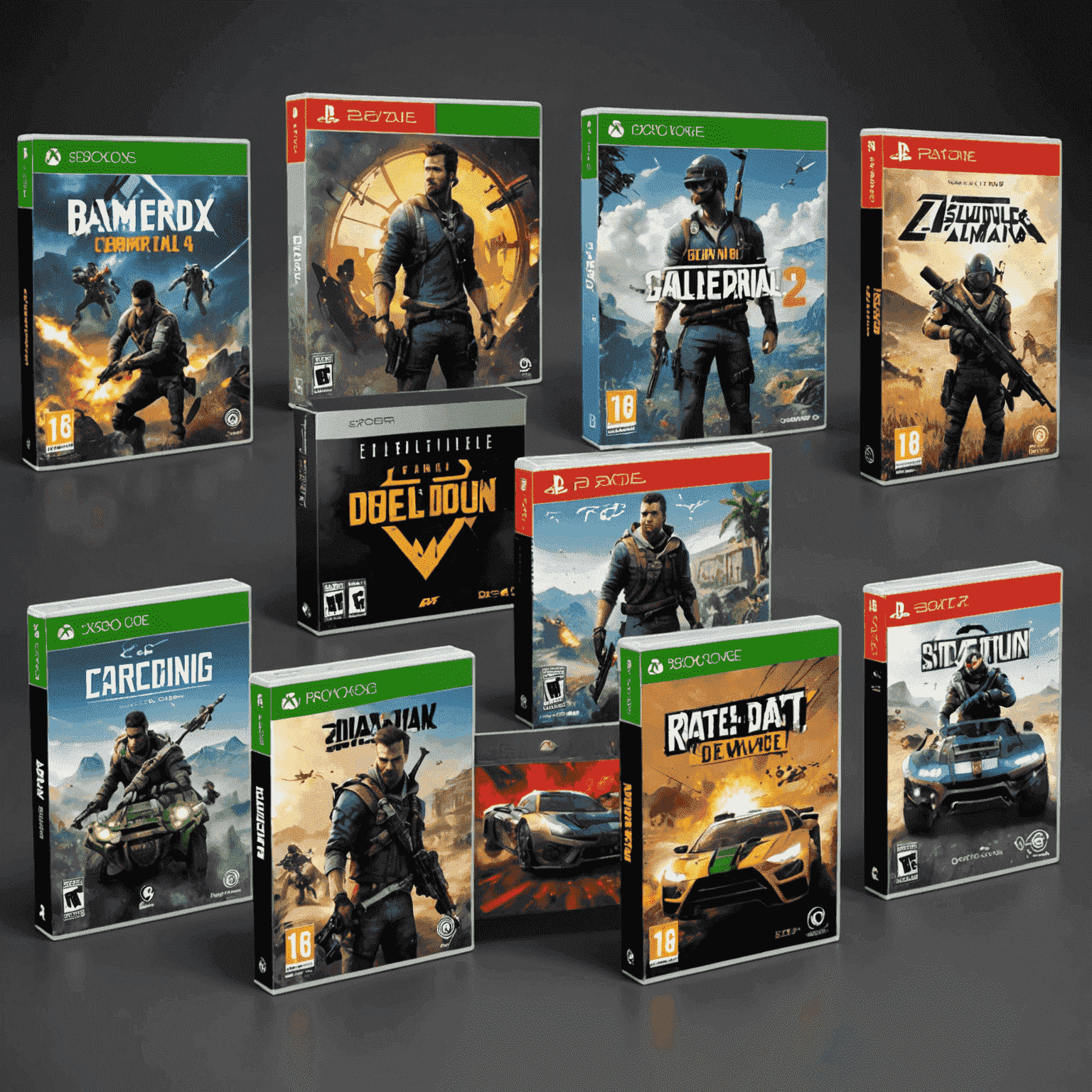 Various new video game covers and console boxes, showcasing the latest releases across different gaming platforms