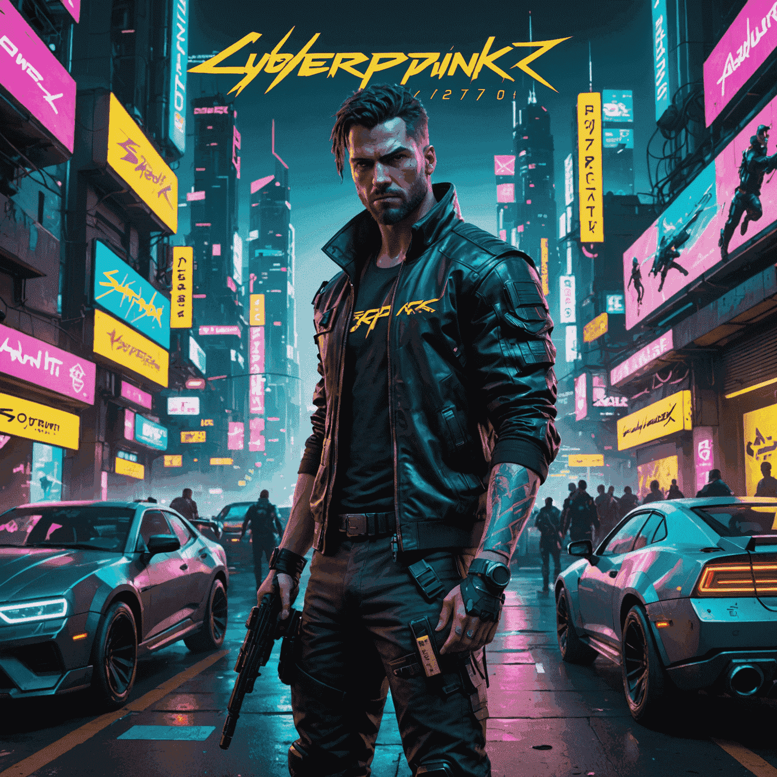 Cyberpunk 2078 game cover featuring a futuristic cityscape with neon lights and a protagonist wielding high-tech weapons