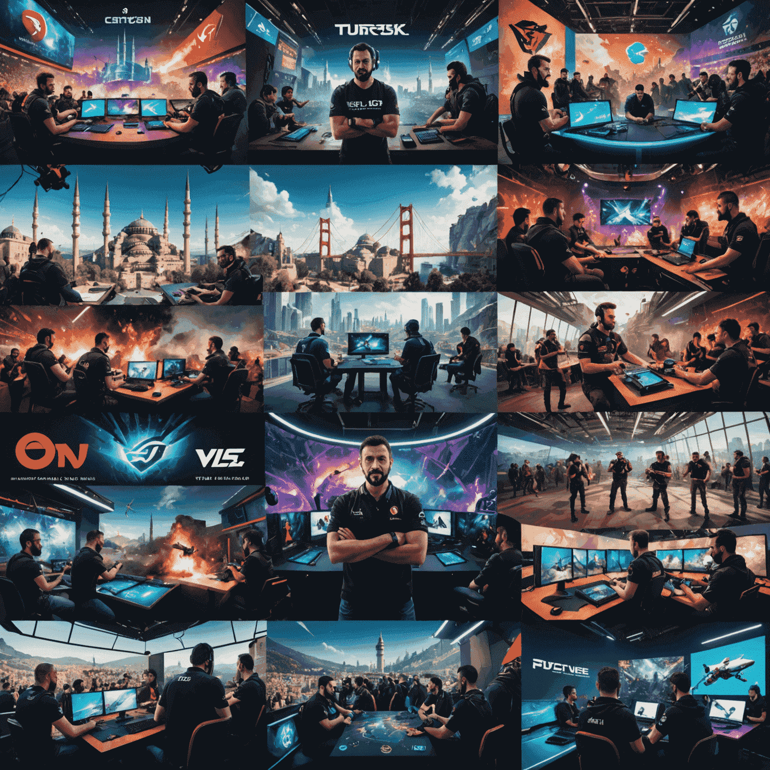 A vibrant collage showcasing Turkish game developers at work, popular esports teams in action, and a large gaming event in Istanbul