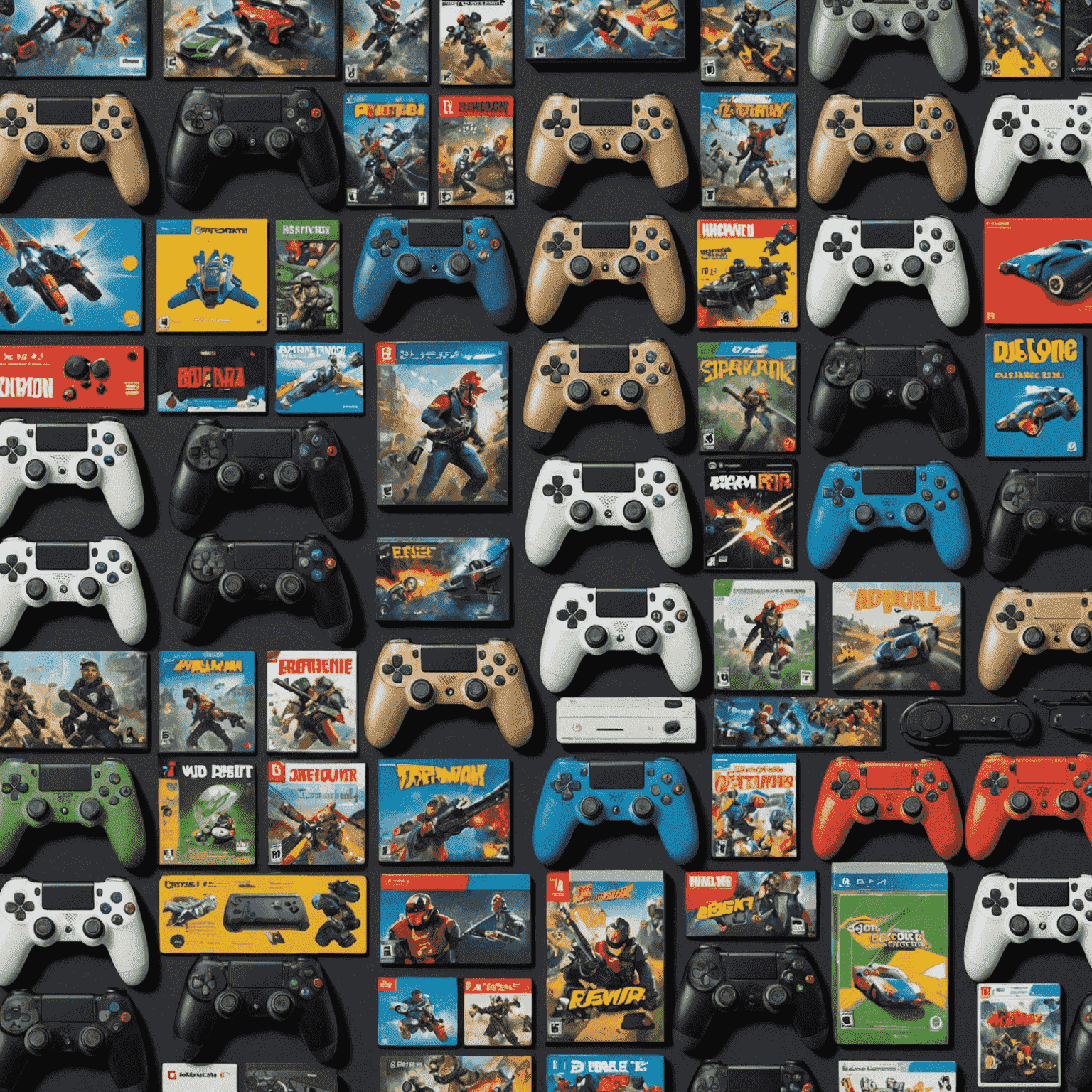 Various video game covers and console controllers arranged in a grid, showcasing the latest titles available for rent