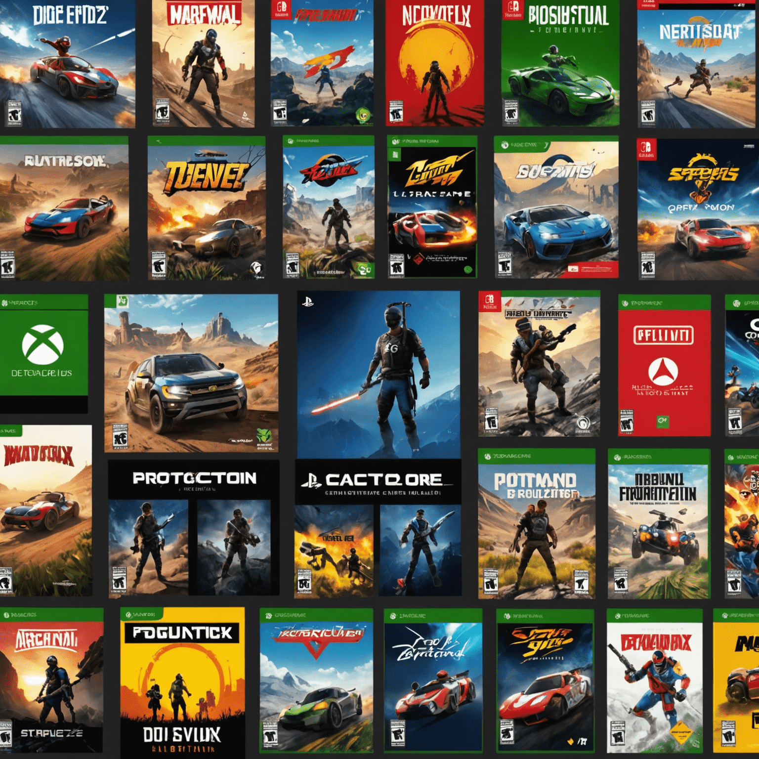 Various popular console game covers including action, adventure, and sports titles for PlayStation, Xbox, and Nintendo Switch