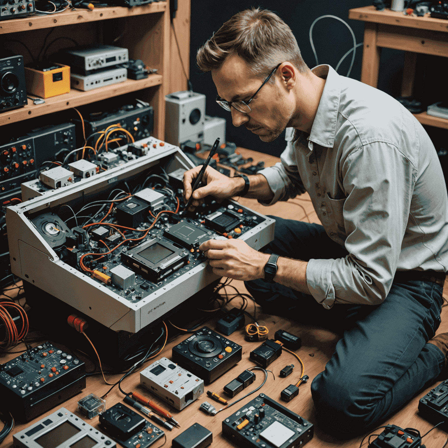 A technician carefully repairing a gaming console, surrounded by various tools and spare parts