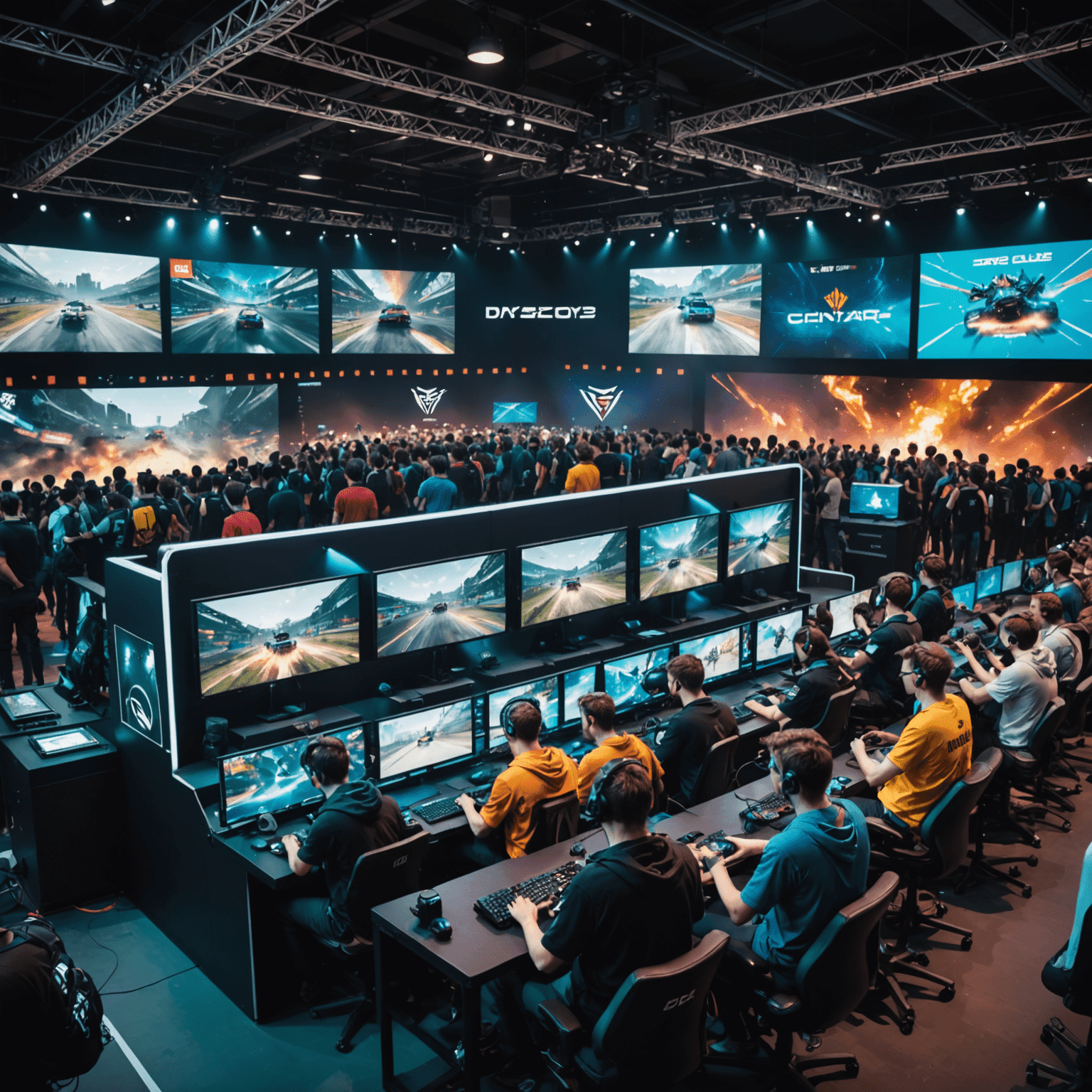 A vibrant gaming tournament scene with multiple players competing on large screens, surrounded by cheering spectators and colorful gaming peripherals