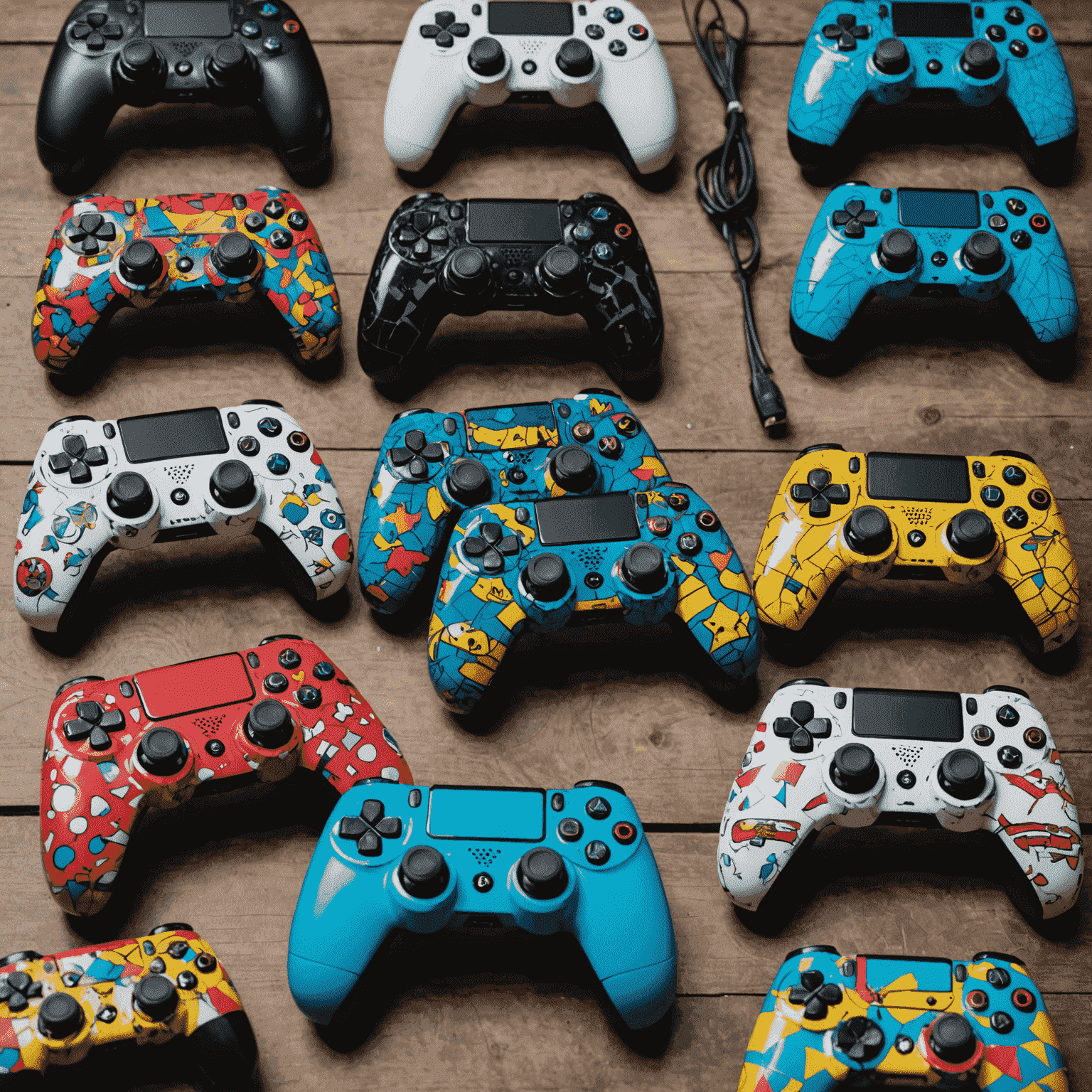 Various custom console skins displayed on different gaming consoles, showing vibrant designs and patterns