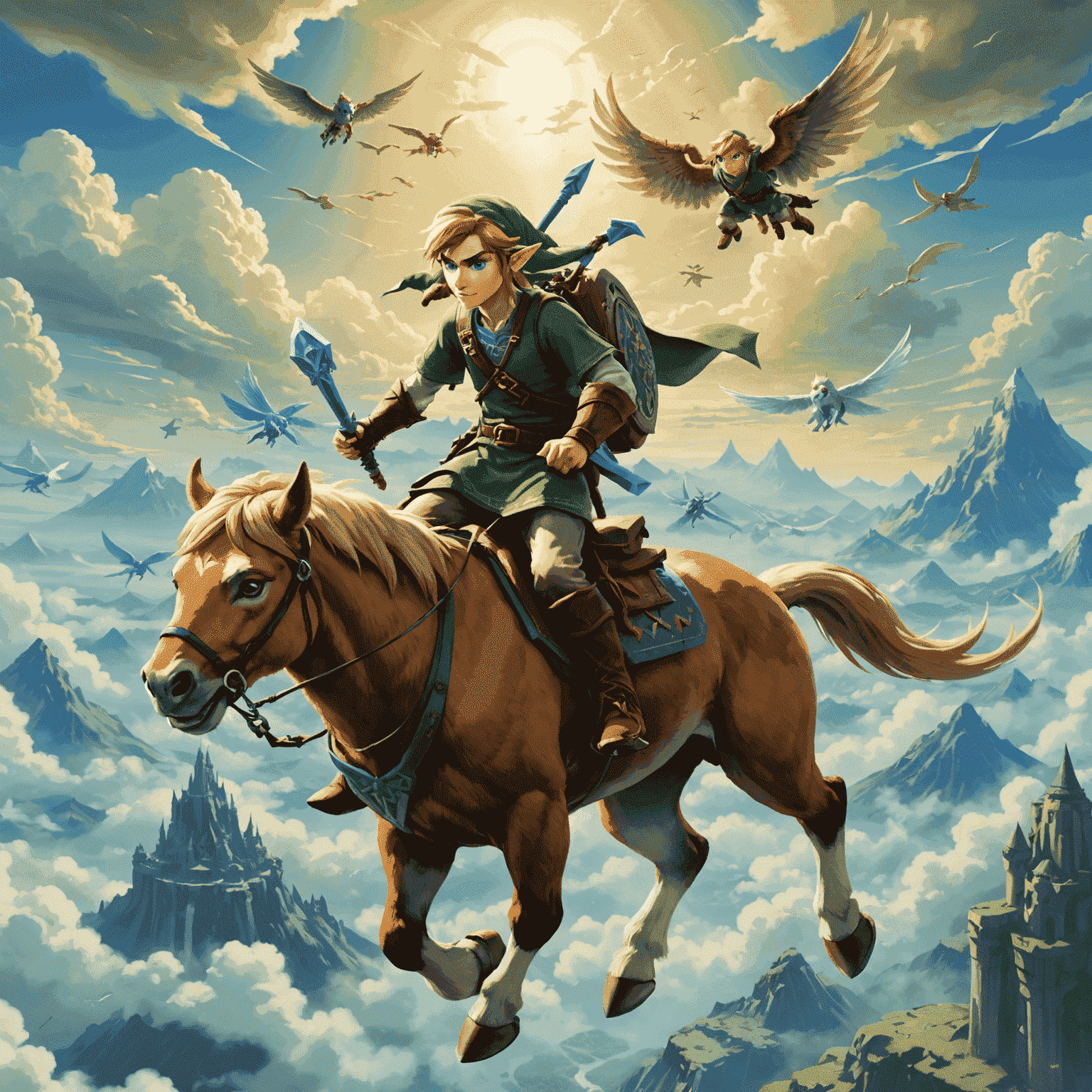 Legend of Zelda: Skies Unbound game cover showing Link soaring through clouds on a majestic creature