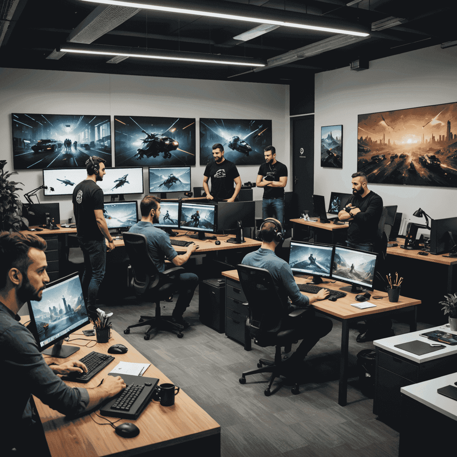 A team of Turkish game developers collaborating in a modern office space, surrounded by concept art and computer screens