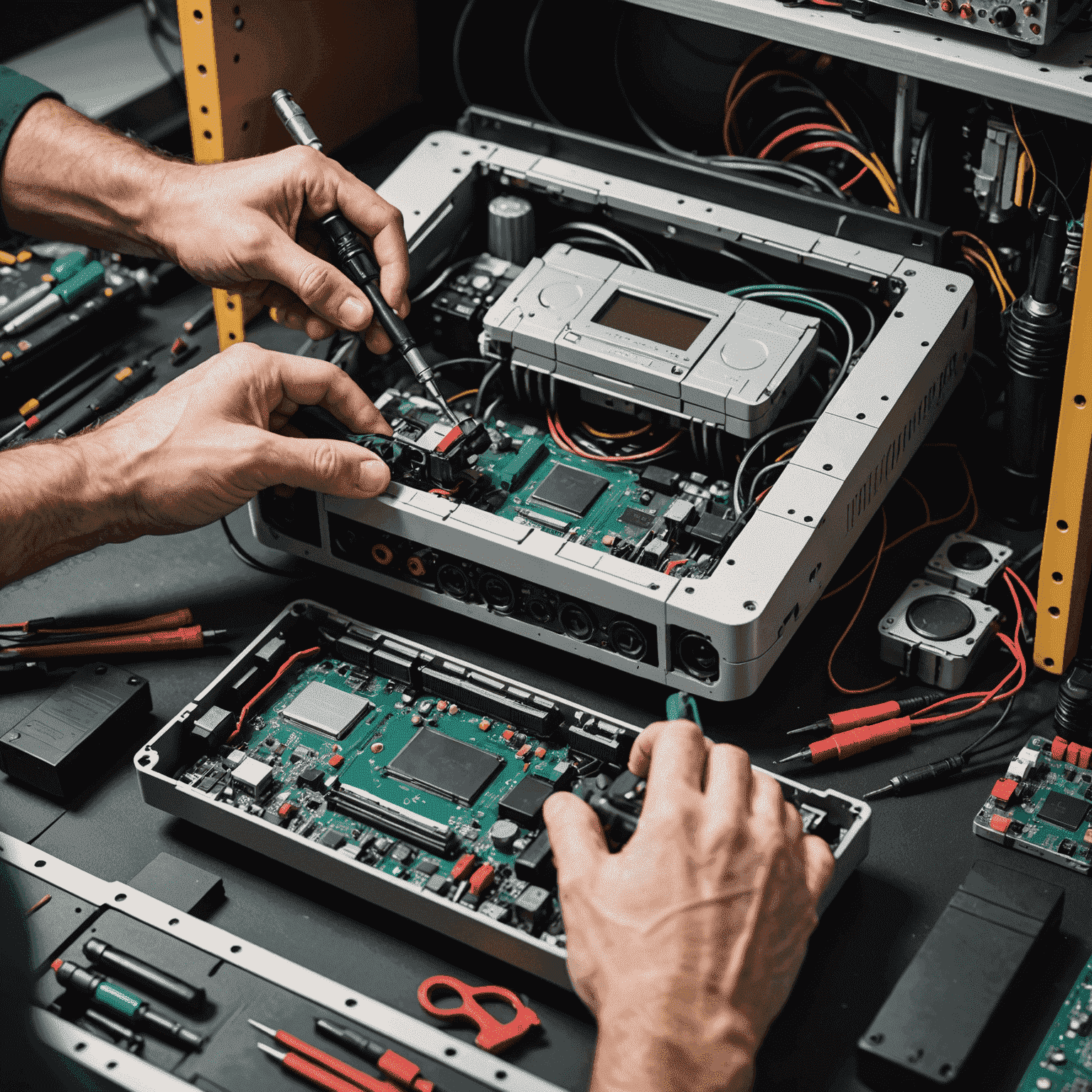 A technician working on repairing a gaming console, with tools and spare parts visible