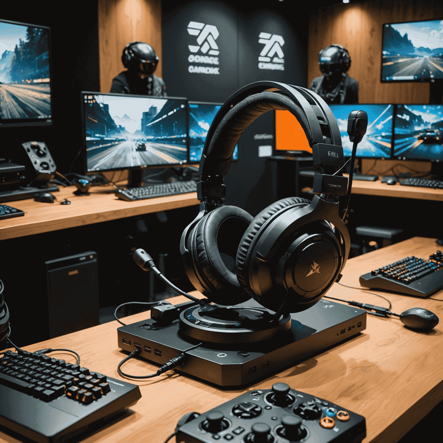 A showcase of high-end gaming equipment including latest consoles, gaming PCs, controllers, headsets, and other accessories used in our tournaments