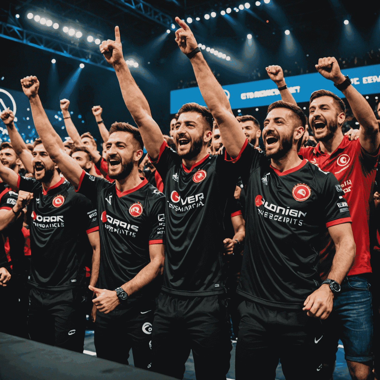 A Turkish esports team celebrating a victory on stage at a major tournament, with fans cheering in the background