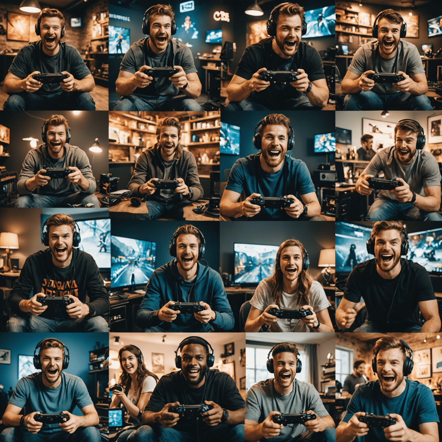 Collage of excited gamers playing various video games, showcasing different genres and gaming setups