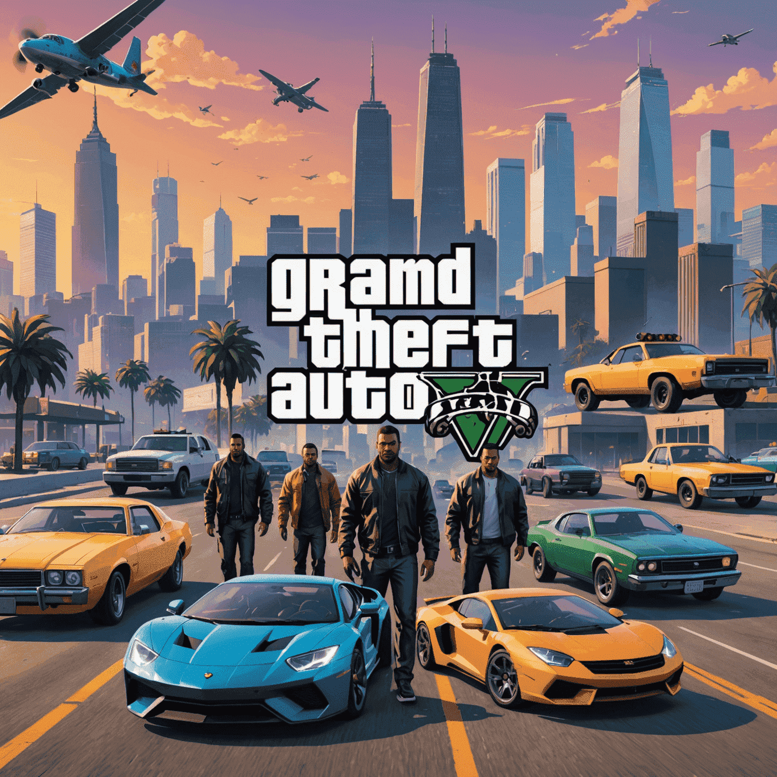 Grand Theft Auto VI game cover showcasing a vibrant city skyline with various characters and vehicles