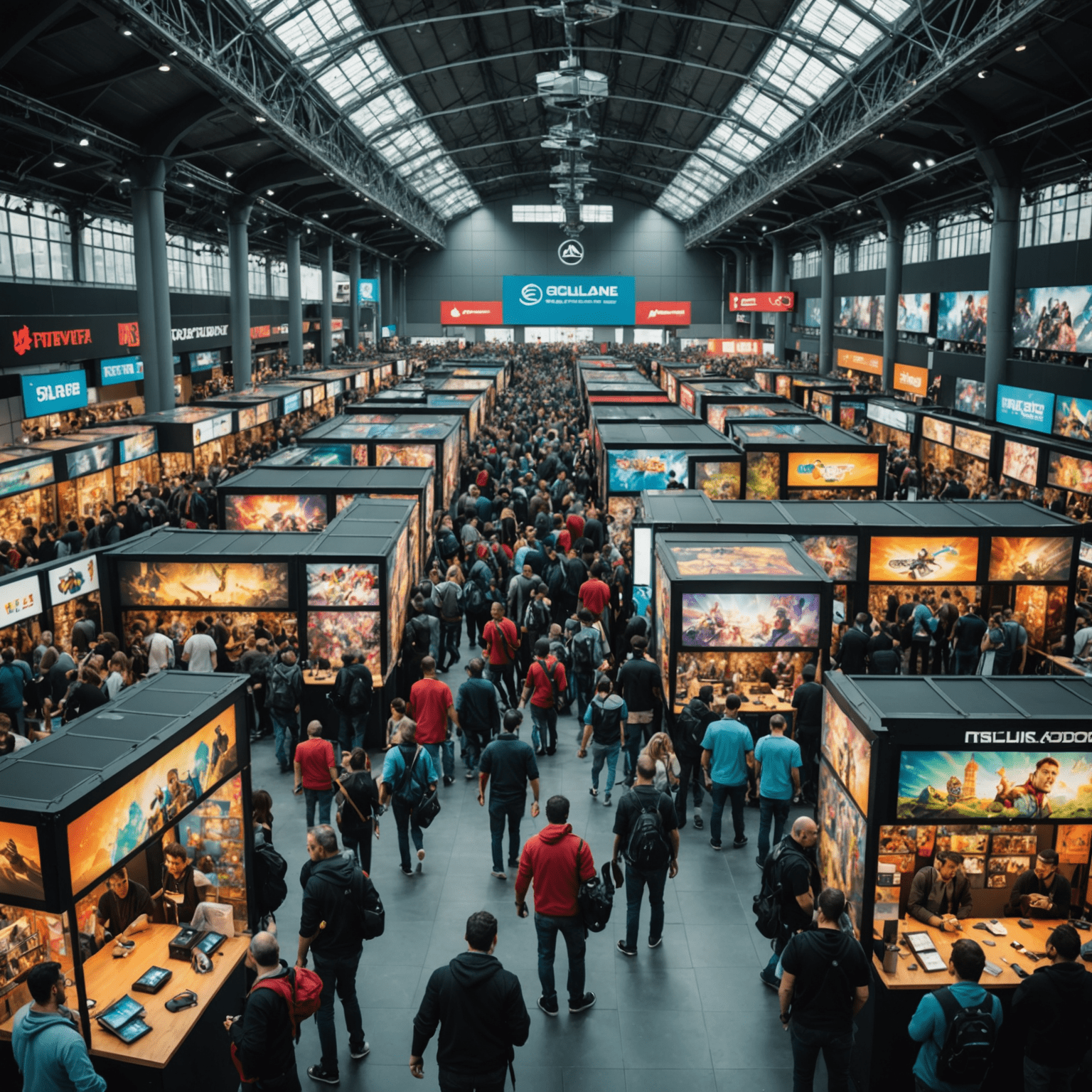 A panoramic view of a bustling gaming convention in Istanbul, with colorful booths, game demonstrations, and crowds of enthusiastic attendees