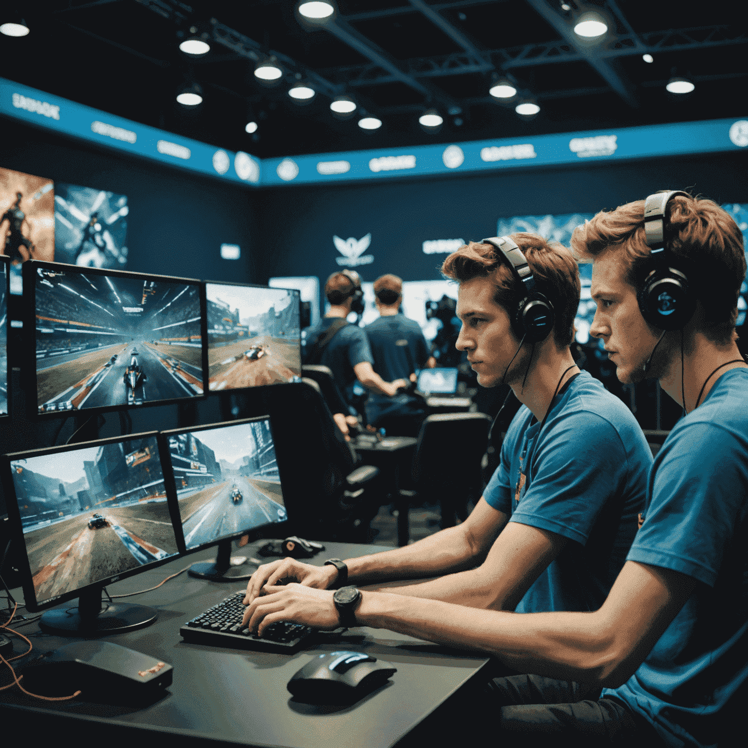 A group of gamers competing in a tournament, with screens showing gameplay and a trophy in the foreground