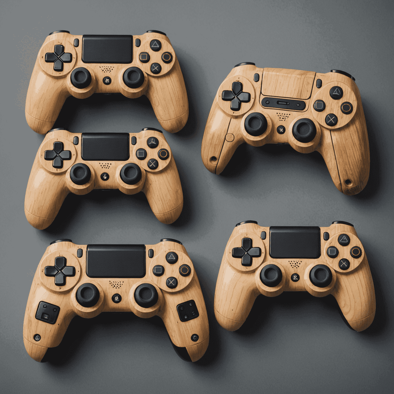 An array of customized gaming controllers with unique designs and button layouts