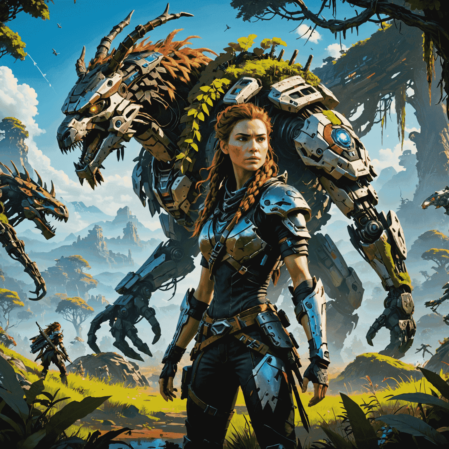 Horizon Zero Dawn II game cover featuring Aloy facing off against new robotic creatures in a lush, post-apocalyptic landscape