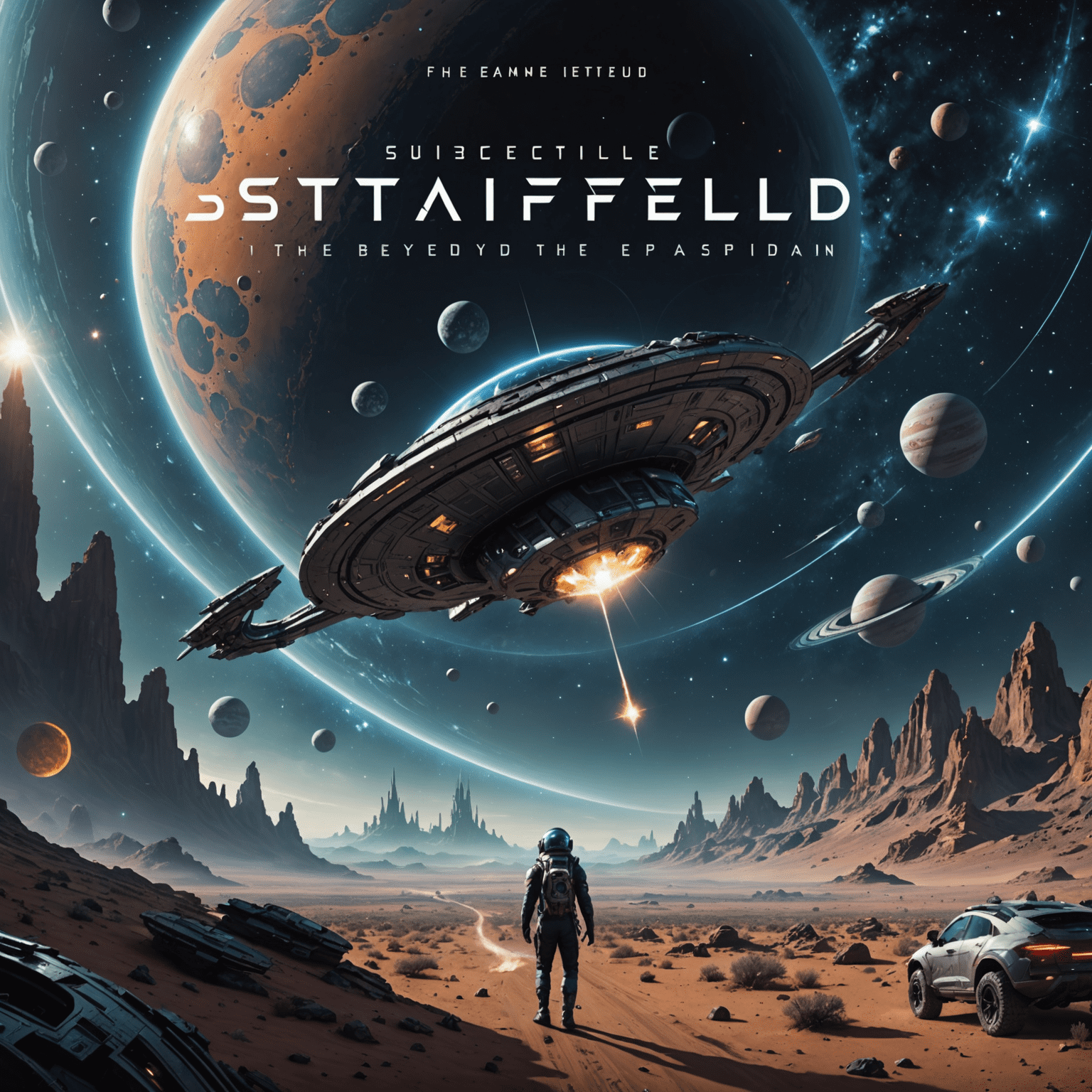 Starfield Expansion: Beyond the Stars cover showing a spaceship approaching an alien planet with multiple moons